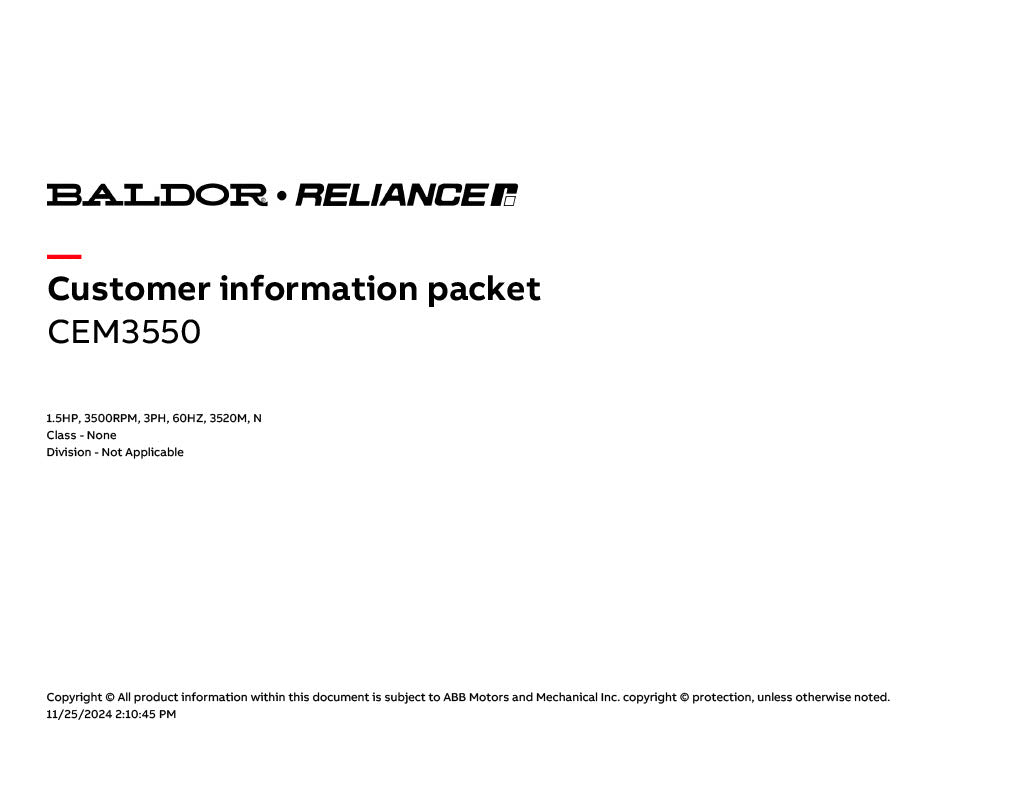 Baldor CEM3550 Motor - 1.5 HP, 3500 RPM, 3-Phase, 60 Hz, 56C Frame