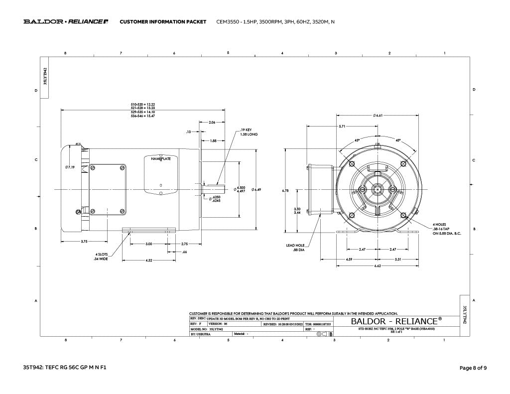 Baldor CEM3550 Motor - 1.5 HP, 3500 RPM, 3-Phase, 60 Hz, 56C Frame