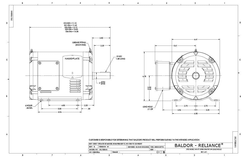 Baldor EM3154T Motor - 1.5 HP, 1770 RPM, 3-Phase, OPSB, 60 Hz, 145T Frame