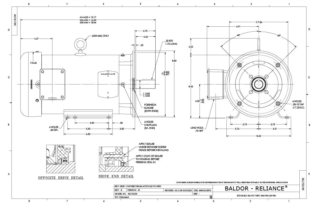 Baldor CEWDM3611T Motor - 3 HP, 1760 RPM, 3-Phase, TEFC, Wash Down Duty, 60 Hz, 182TC Frame