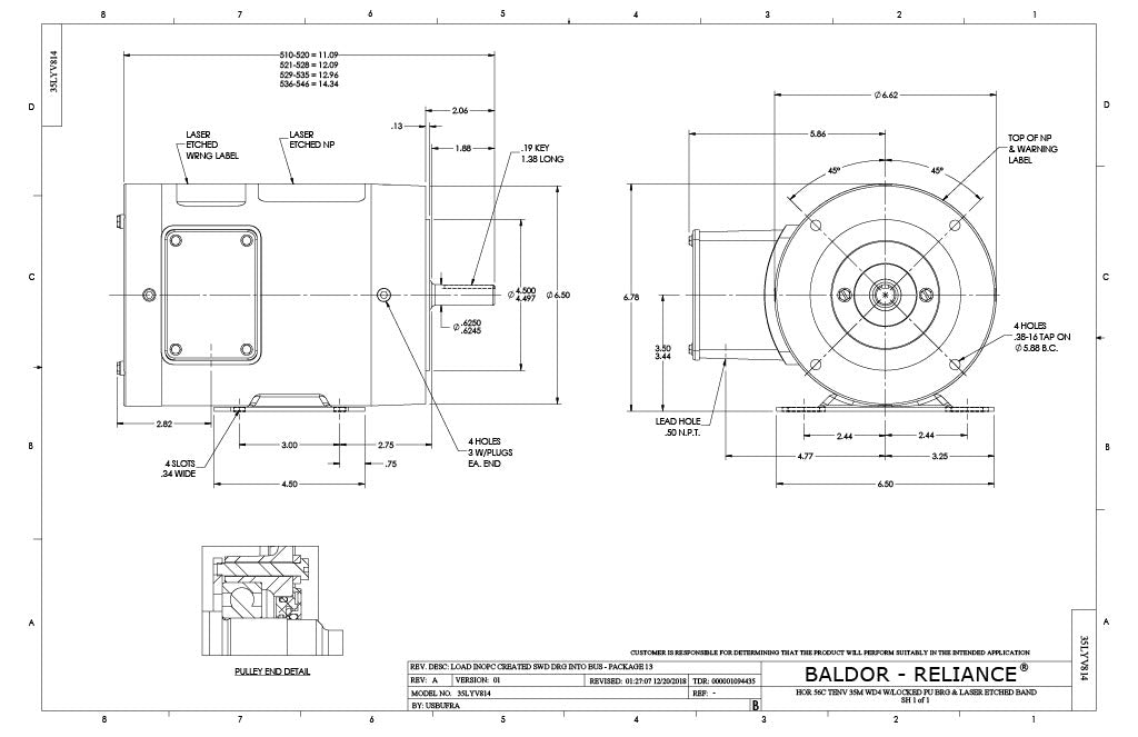 Baldor CSSWDM3534 Motor - 0.33 HP, 1780 RPM, 3-Phase, TENV, 60 Hz, 56C Frame, Stainless Steel