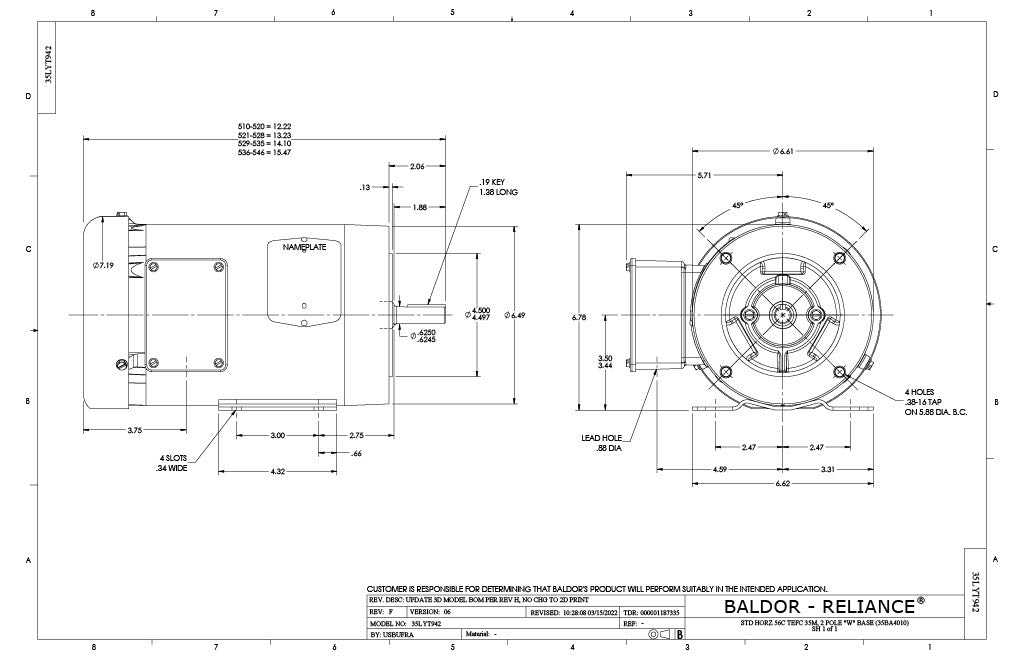 Baldor CEM3555 Motor - 2 HP, 3490 RPM, 3-Phase, TEFC, 60 Hz, 56C Frame