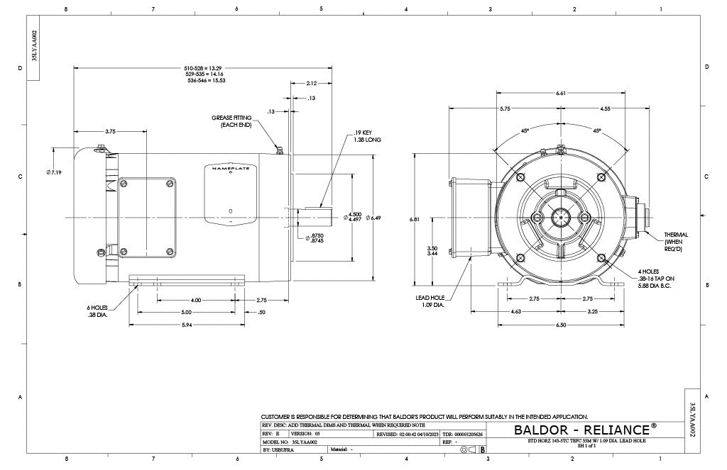 Baldor CEM3556T Motor - 1 HP, 1170 RPM, 3-Phase, TEFC, 60 Hz, 143TC Frame