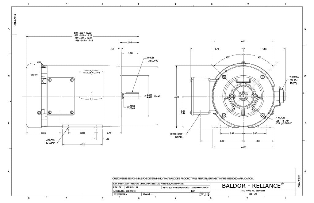 Baldor CEM3558 Motor - 2 HP, 1760 RPM, 3-Phase, TEFC, 60 Hz, 56C Frame
