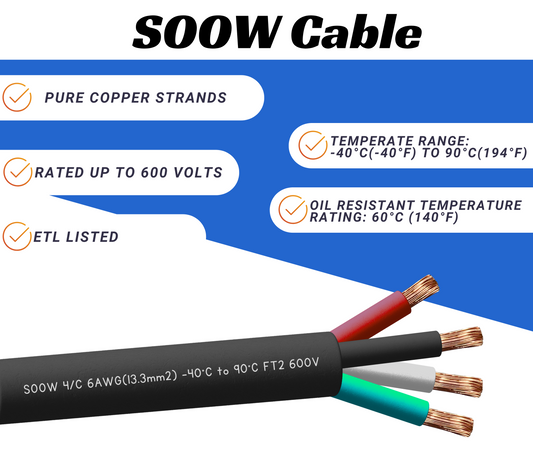 6/4 SOOW Cable Cord Wire - 6 Gauge 6 AWG 4 Conductor 600V Portable Power Extension Cord Cable with Ultra Flexible Insulation Jacket