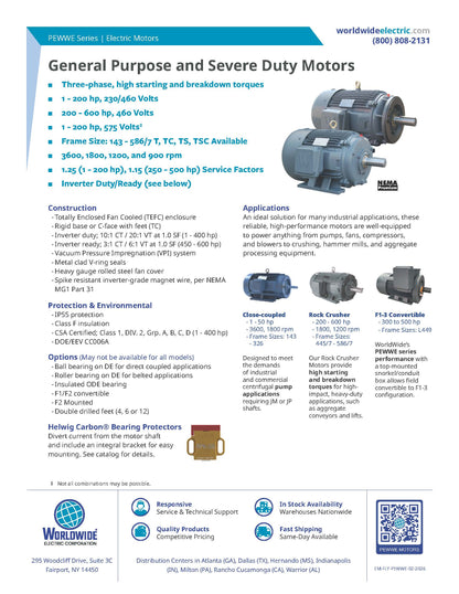 Worldwide PE Premium Efficiency Motor - 20 HP, 3600 RPM, 3-Phase, TEFC, 208-230/460V, 256T Frame | Model PEWWE20-36-256T