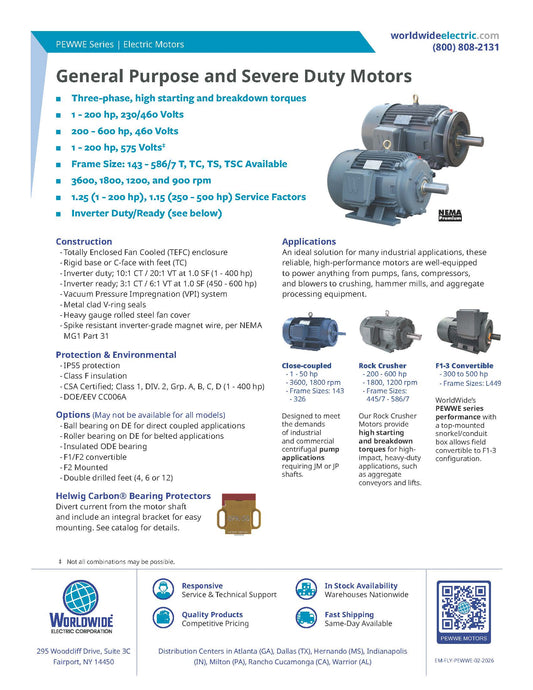 Worldwide PE Premium Efficiency Motor - 3 HP, 900 RPM, 3-Phase, TEFC, 208-230/460V, 215T Frame | Model PEWWE3-9-215T
